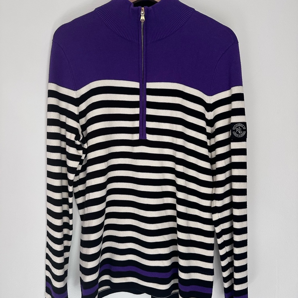Ralph Lauren Purple and Black Striped Zip-Up Sweater